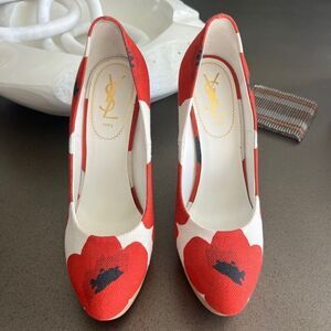 YSL Red Floral Canvas Wedge Heels - Size 40